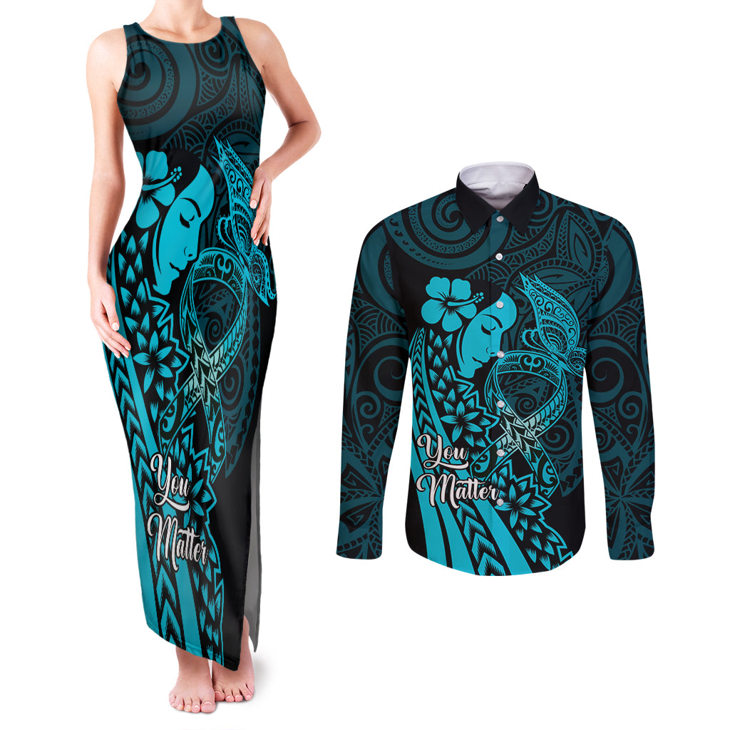 Polynesia World Ovarian Cancer Day Couples Matching Tank Maxi Dress and Long Sleeve Button Shirt You Matter Polynesian Women