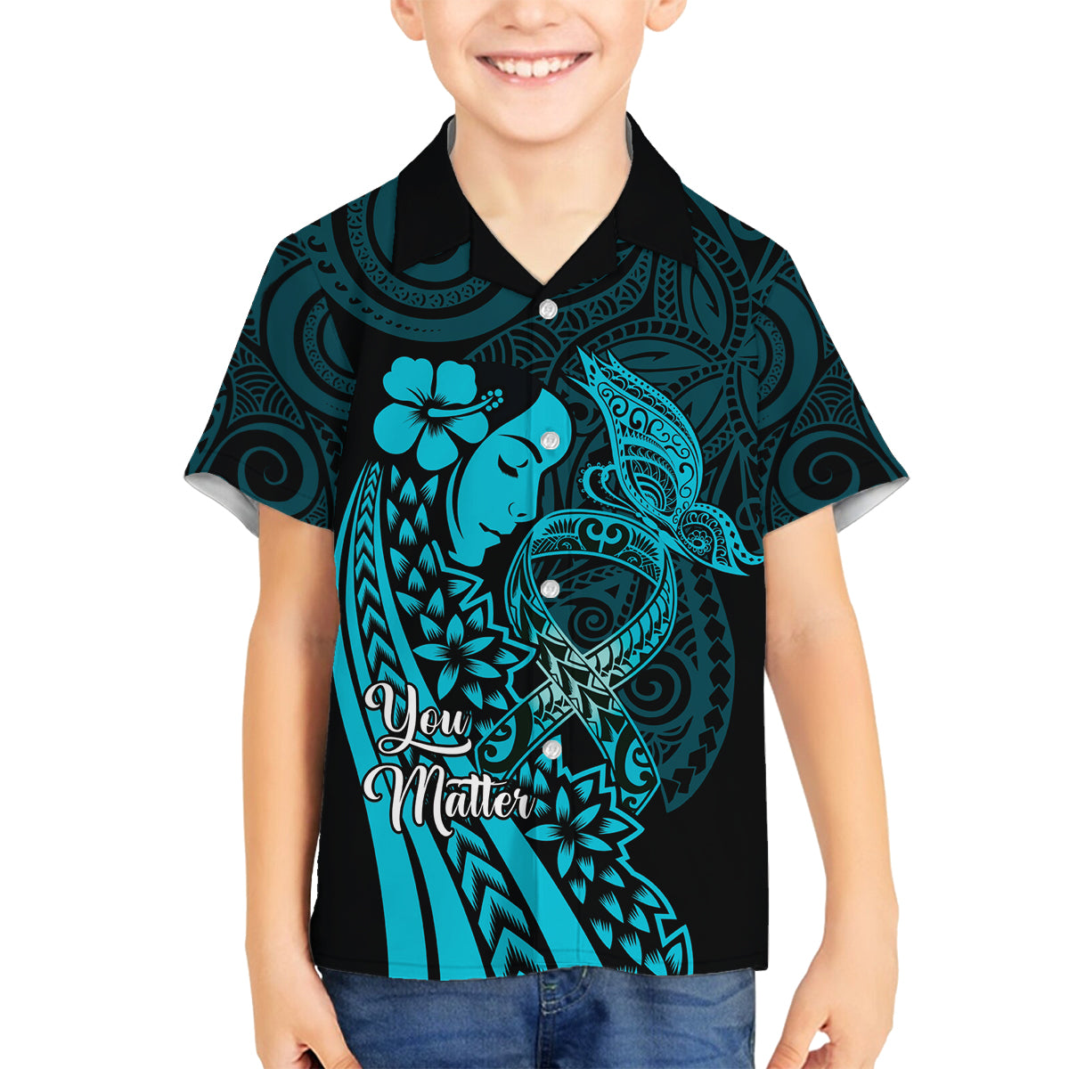 Polynesia World Ovarian Cancer Day Family Matching Off The Shoulder Long Sleeve Dress and Hawaiian Shirt You Matter Polynesian Women