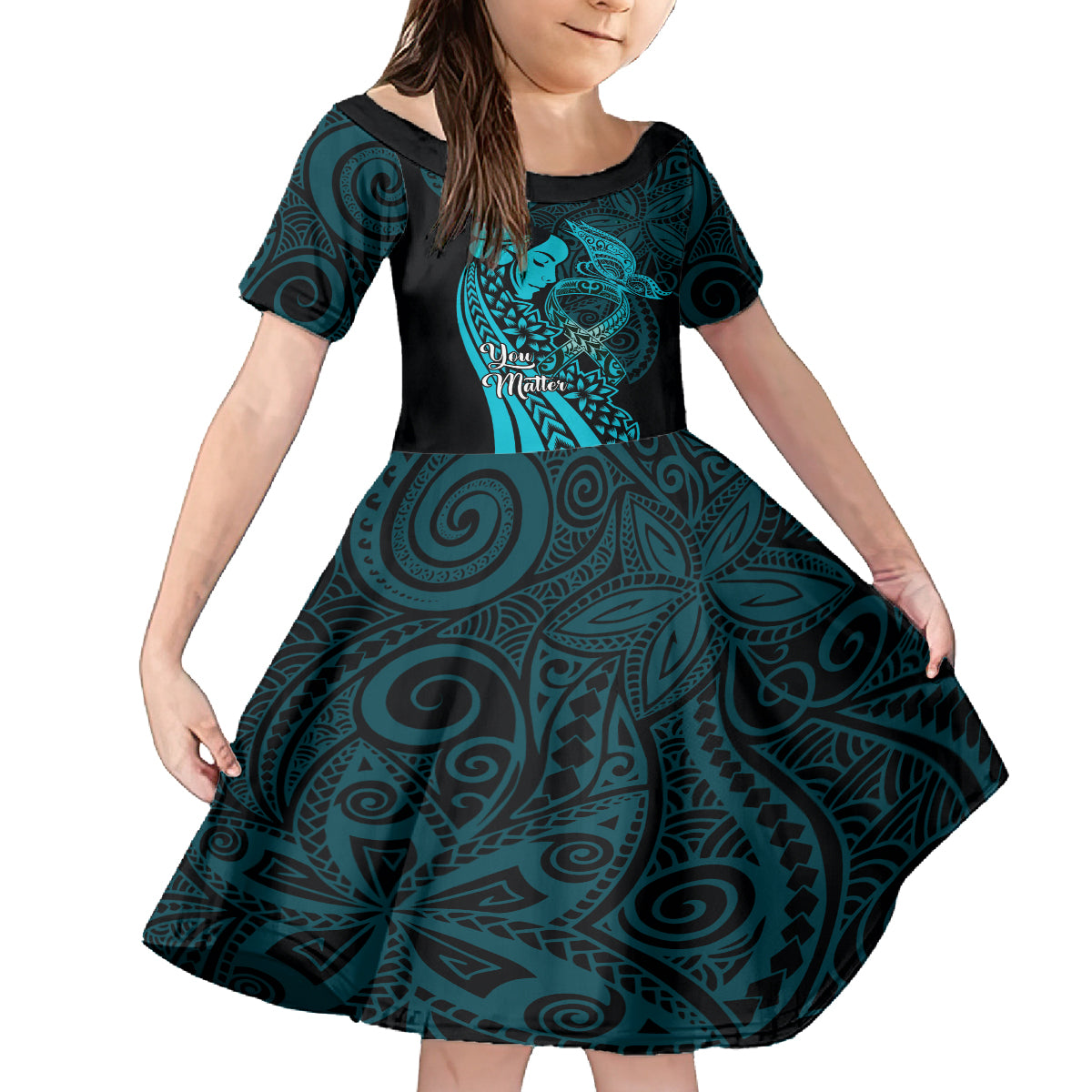 Polynesia World Ovarian Cancer Day Family Matching Off Shoulder Short Dress and Hawaiian Shirt You Matter Polynesian Women LT14 Daughter's Dress Teal - Polynesian Pride