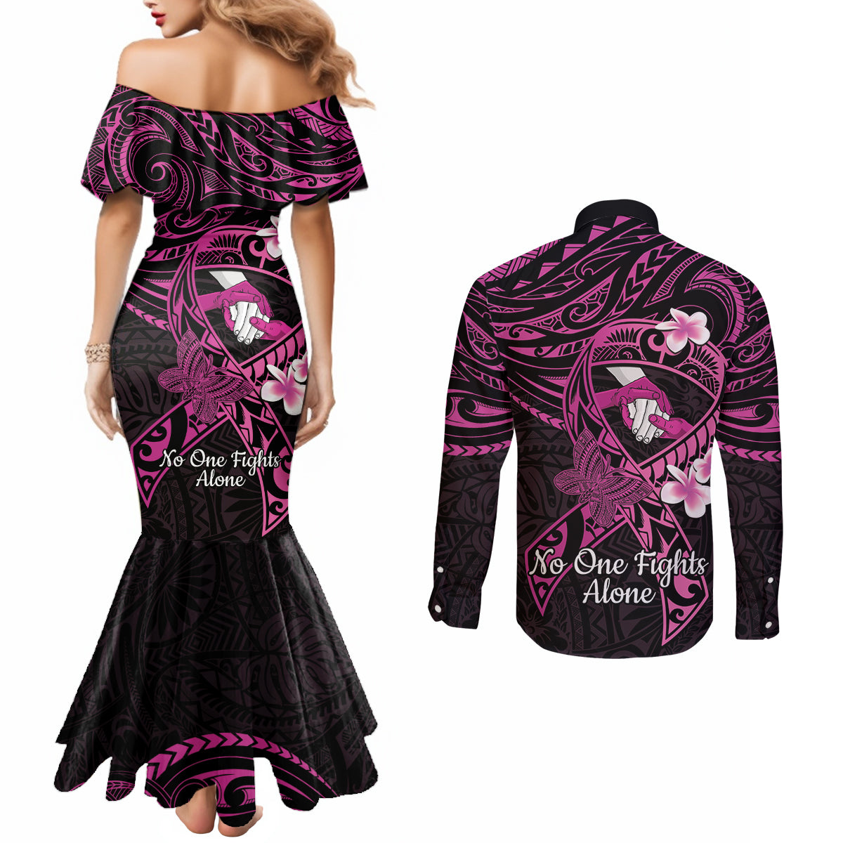Polynesia Breast Cancer Awareness Couples Matching Mermaid Dress and Long Sleeve Button Shirt Pink Ribbon No One Fights Alone - Black