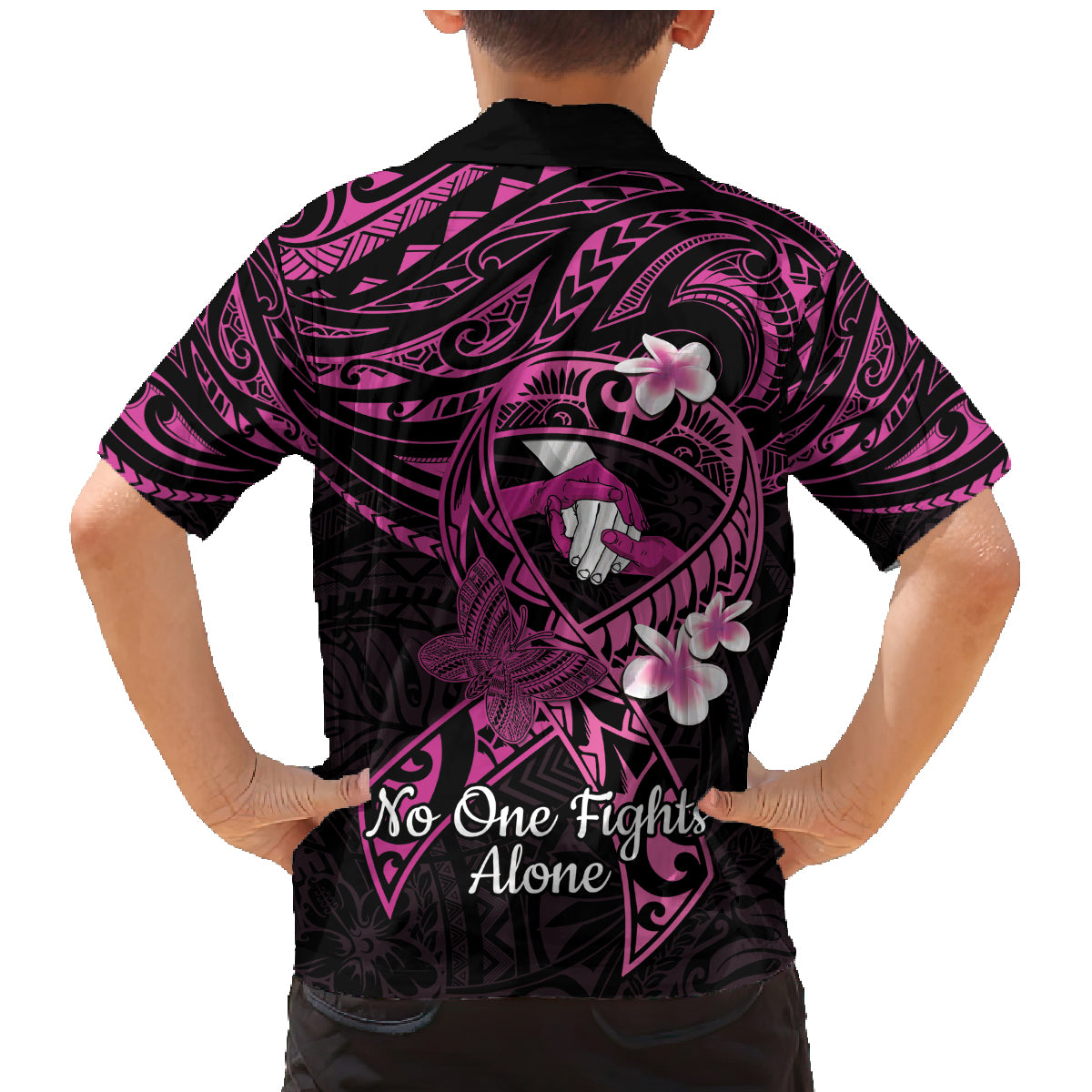 Polynesia Breast Cancer Awareness Family Matching Mermaid Dress and Hawaiian Shirt Pink Ribbon No One Fights Alone - Black