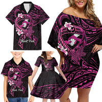 Polynesia Breast Cancer Awareness Family Matching Off Shoulder Short Dress and Hawaiian Shirt Pink Ribbon No One Fights Alone - Black