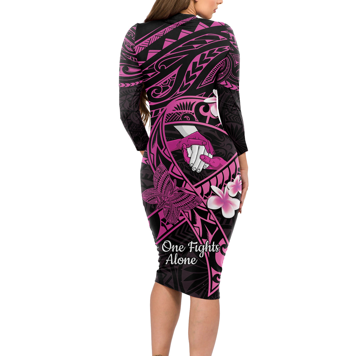 Polynesia Breast Cancer Awareness Long Sleeve Bodycon Dress Pink Ribbon No One Fights Alone - Black