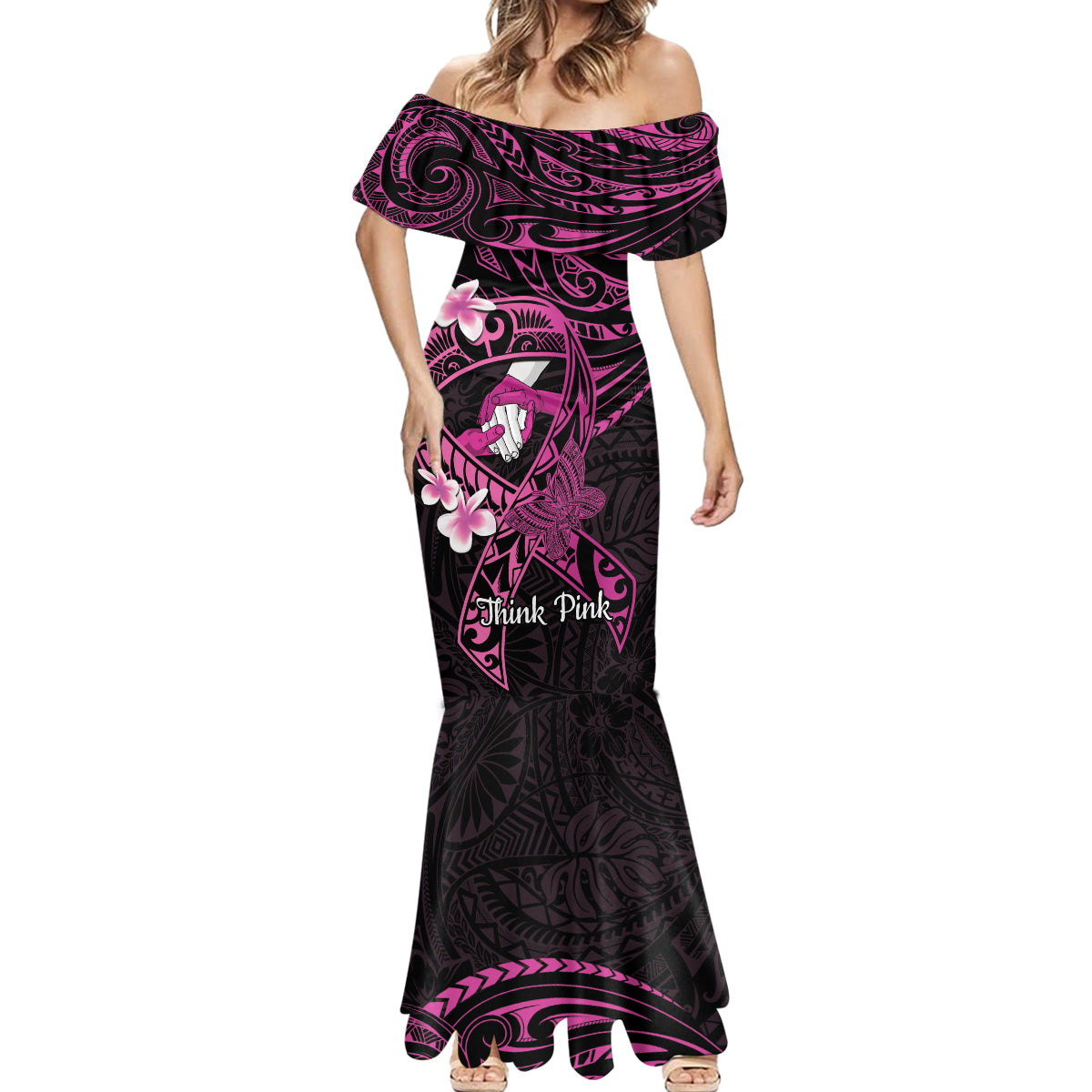 Polynesia Breast Cancer Awareness Mermaid Dress Pink Ribbon No One Fights Alone - Black