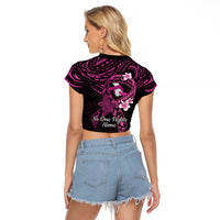Polynesia Breast Cancer Awareness Raglan Cropped T Shirt Pink Ribbon No One Fights Alone - Black