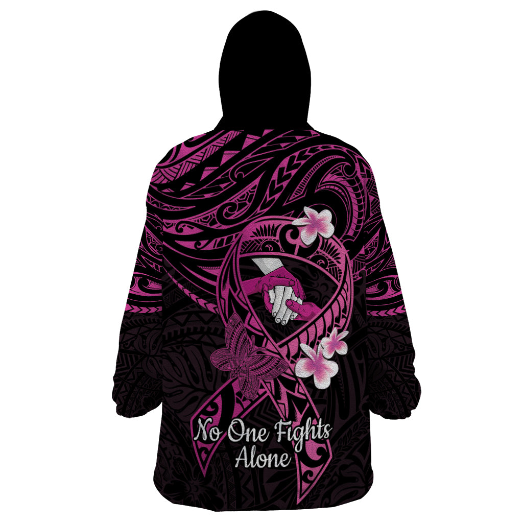 Polynesia Breast Cancer Awareness Wearable Blanket Hoodie Pink Ribbon No One Fights Alone - Black