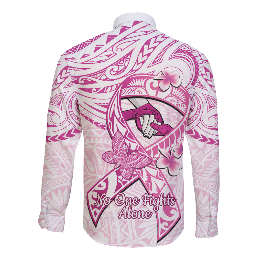 Polynesia Breast Cancer Awareness Long Sleeve Button Shirt Pink Ribbon No One Fights Alone - White