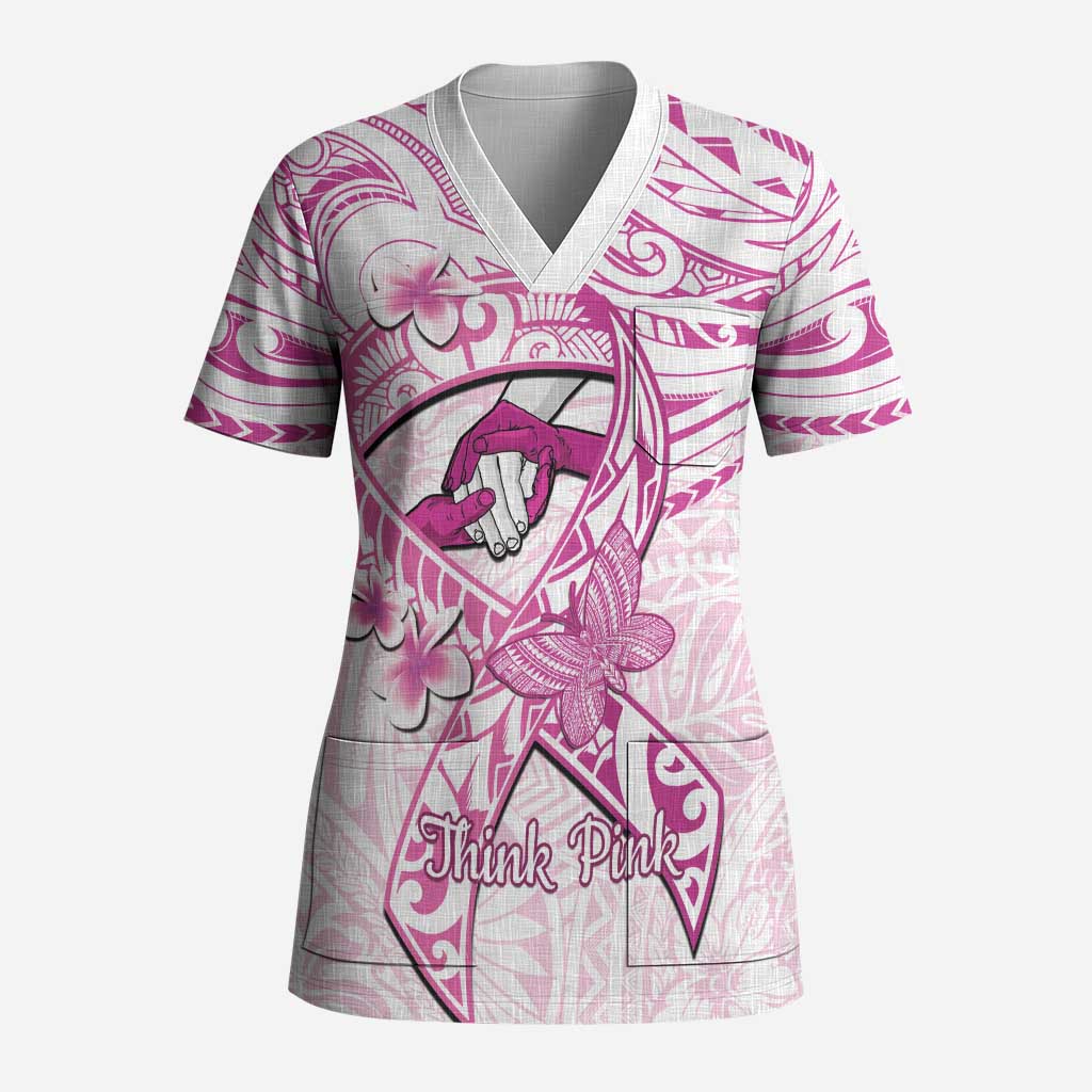 Polynesia Breast Cancer Awareness Scrub Top Pink Ribbon No One Fights Alone - White - Polynesian Pride