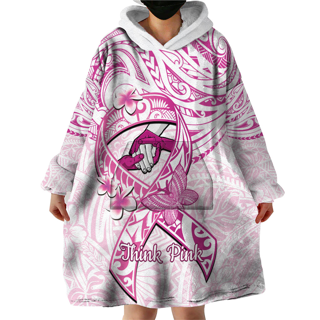 Polynesia Breast Cancer Awareness Wearable Blanket Hoodie Pink Ribbon No One Fights Alone - White