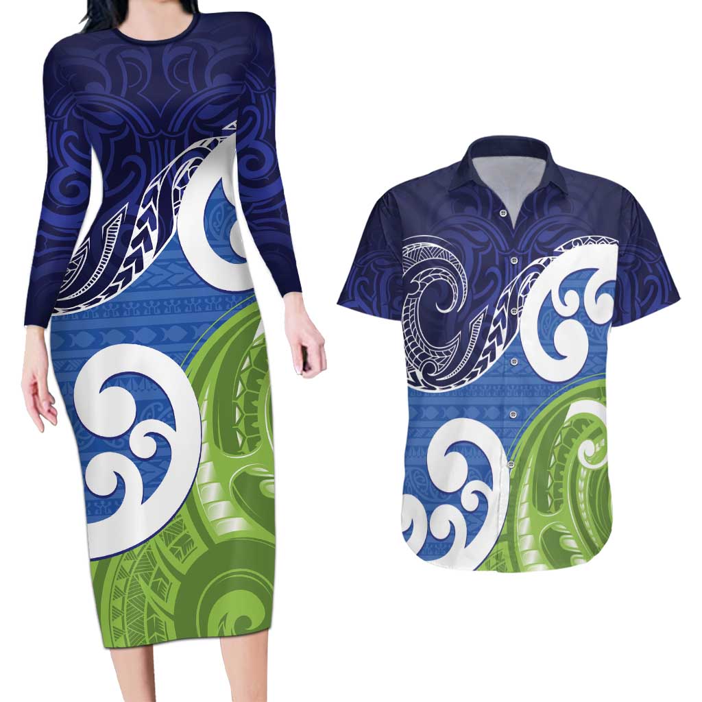 Southland New Zealand Couples Matching Long Sleeve Bodycon Dress and Hawaiian Shirt Maori Koru Flag Color