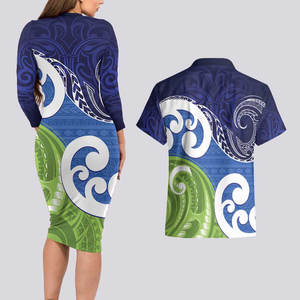 Southland New Zealand Couples Matching Long Sleeve Bodycon Dress and Hawaiian Shirt Maori Koru Flag Color