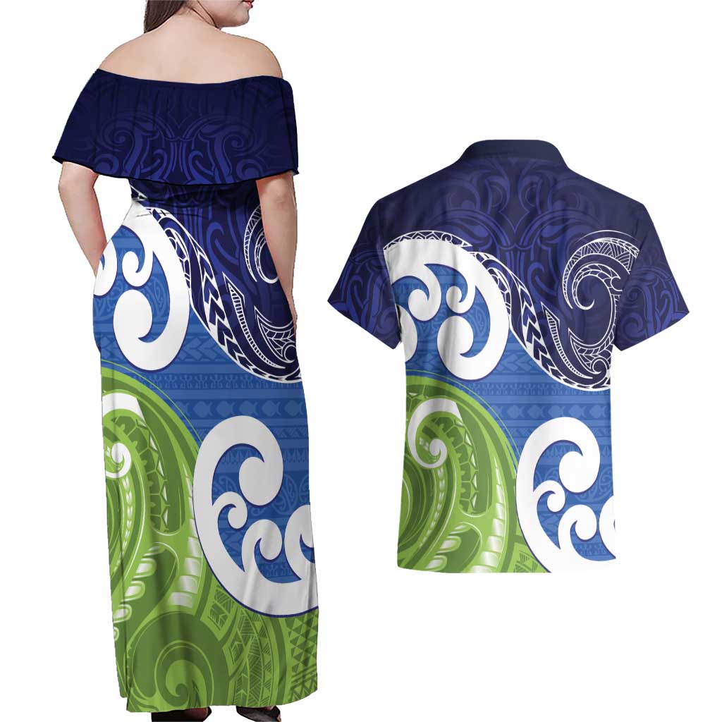 Southland New Zealand Couples Matching Off Shoulder Maxi Dress and Hawaiian Shirt Maori Koru Flag Color