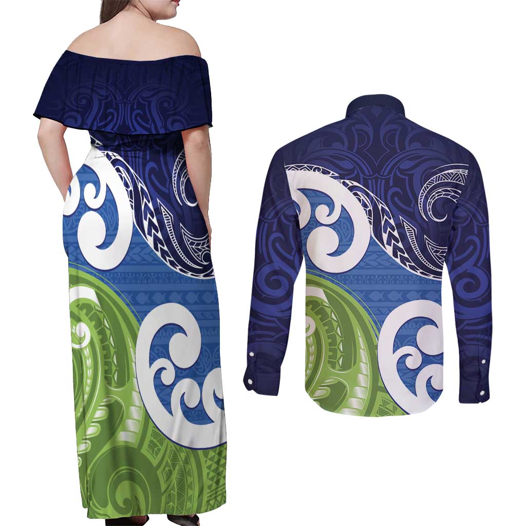 Southland New Zealand Couples Matching Off Shoulder Maxi Dress and Long Sleeve Button Shirt Maori Koru Flag Color