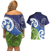 Southland New Zealand Couples Matching Off Shoulder Short Dress and Hawaiian Shirt Maori Koru Flag Color
