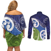 Southland New Zealand Couples Matching Off Shoulder Short Dress and Long Sleeve Button Shirt Maori Koru Flag Color