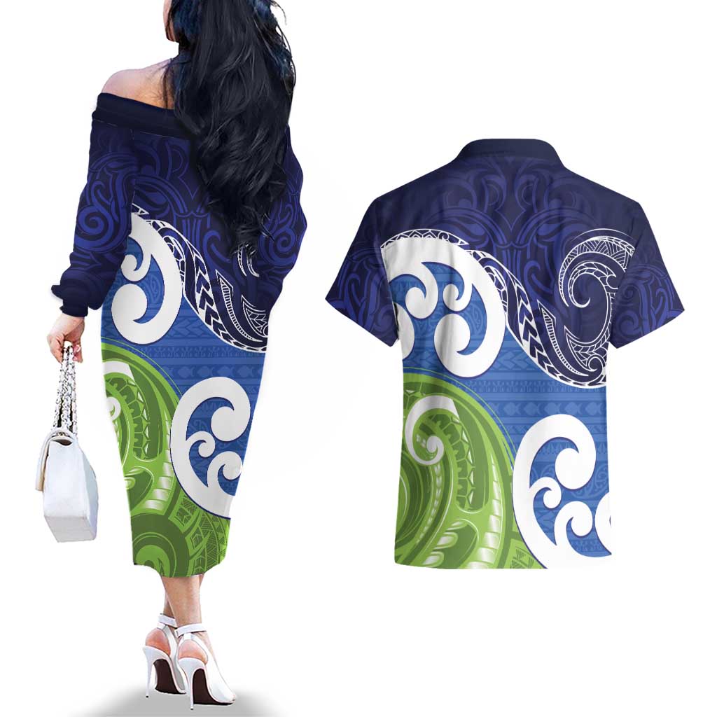 Southland New Zealand Couples Matching Off The Shoulder Long Sleeve Dress and Hawaiian Shirt Maori Koru Flag Color