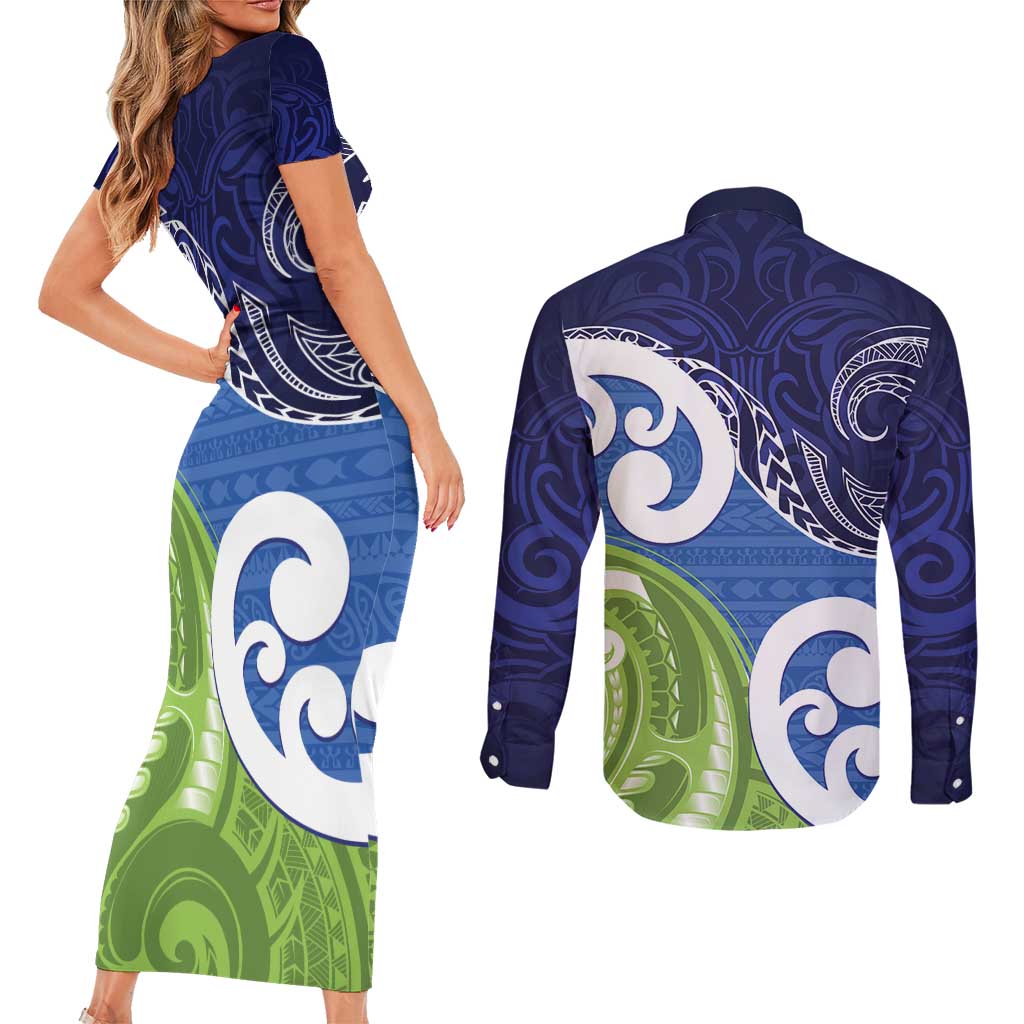 Southland New Zealand Couples Matching Short Sleeve Bodycon Dress and Long Sleeve Button Shirt Maori Koru Flag Color