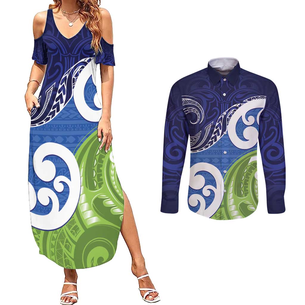 Southland New Zealand Couples Matching Summer Maxi Dress and Long Sleeve Button Shirt Maori Koru Flag Color