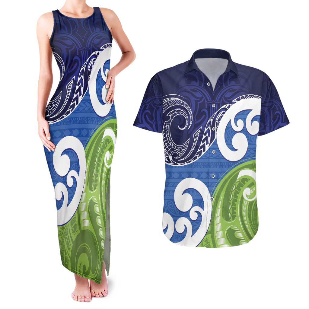 Southland New Zealand Couples Matching Tank Maxi Dress and Hawaiian Shirt Maori Koru Flag Color