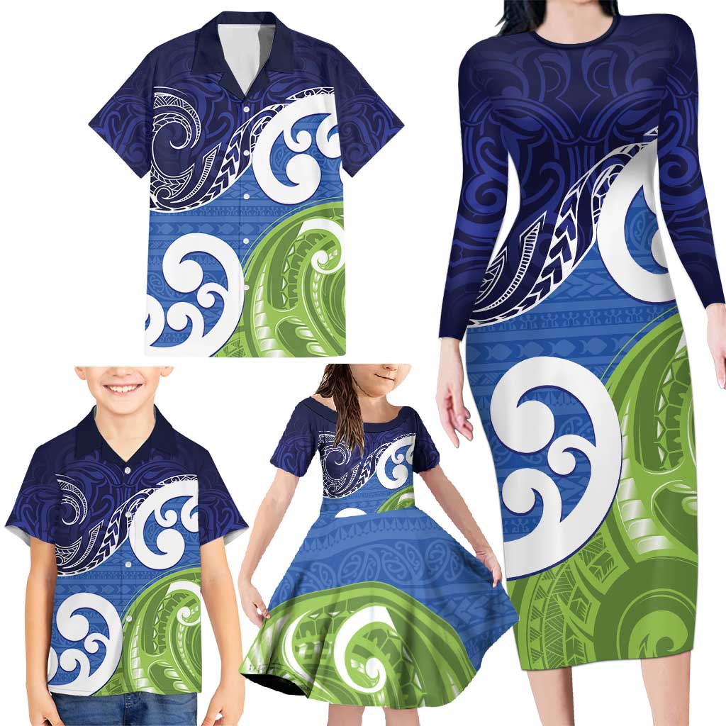 Southland New Zealand Family Matching Long Sleeve Bodycon Dress and Hawaiian Shirt Maori Koru Flag Color