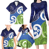 Southland New Zealand Family Matching Long Sleeve Bodycon Dress and Hawaiian Shirt Maori Koru Flag Color