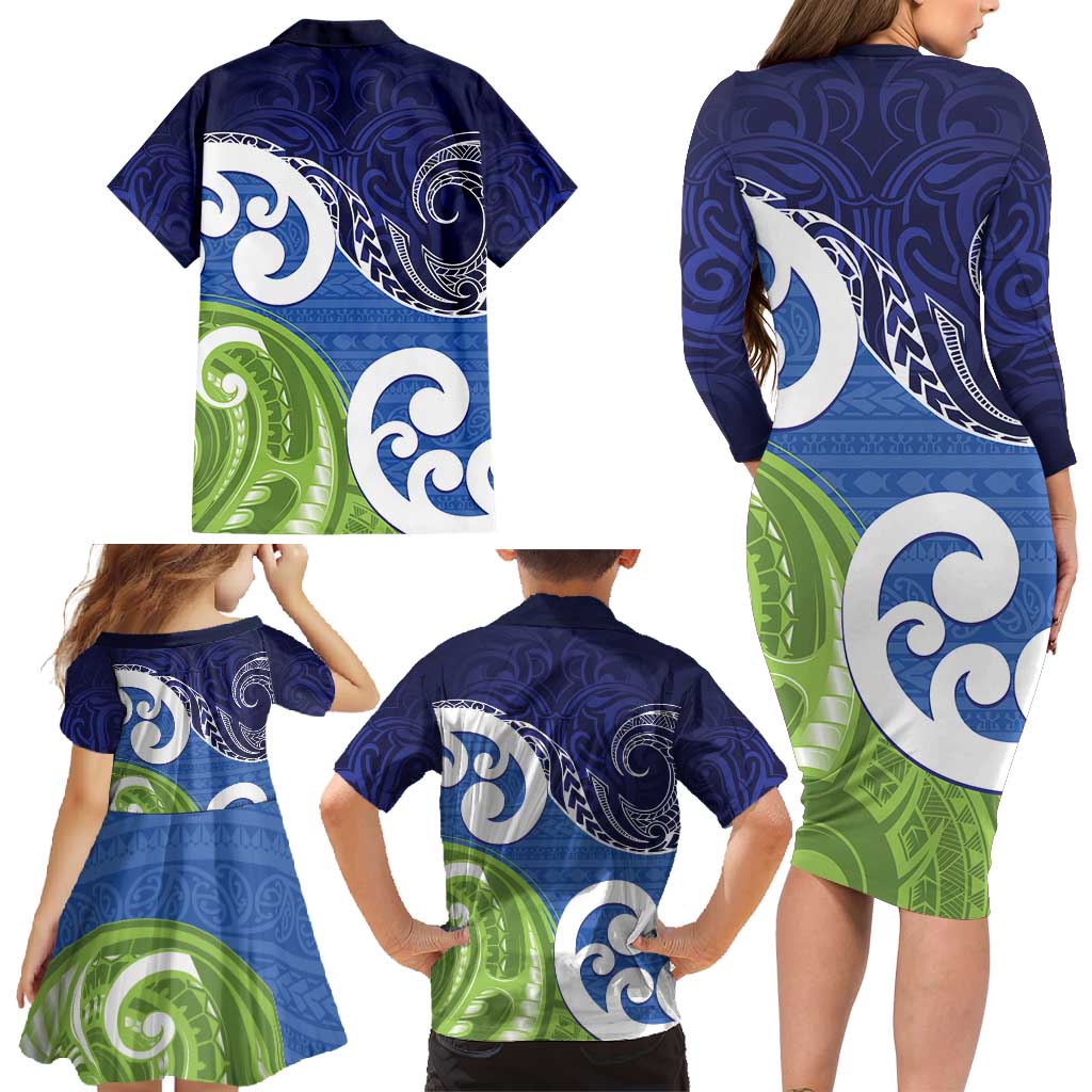 Southland New Zealand Family Matching Long Sleeve Bodycon Dress and Hawaiian Shirt Maori Koru Flag Color