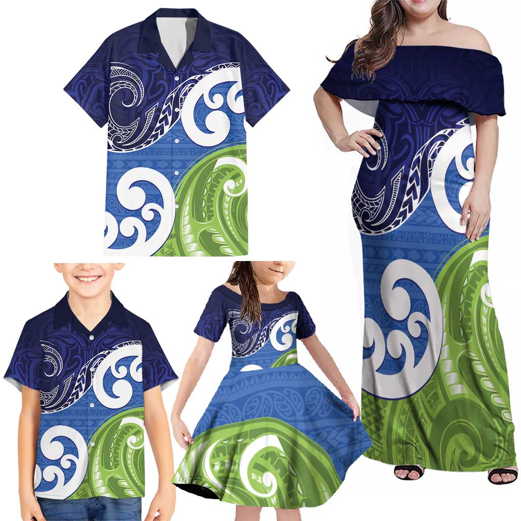Southland New Zealand Family Matching Off Shoulder Maxi Dress and Hawaiian Shirt Maori Koru Flag Color