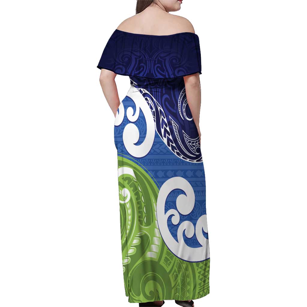 Southland New Zealand Family Matching Off Shoulder Maxi Dress and Hawaiian Shirt Maori Koru Flag Color