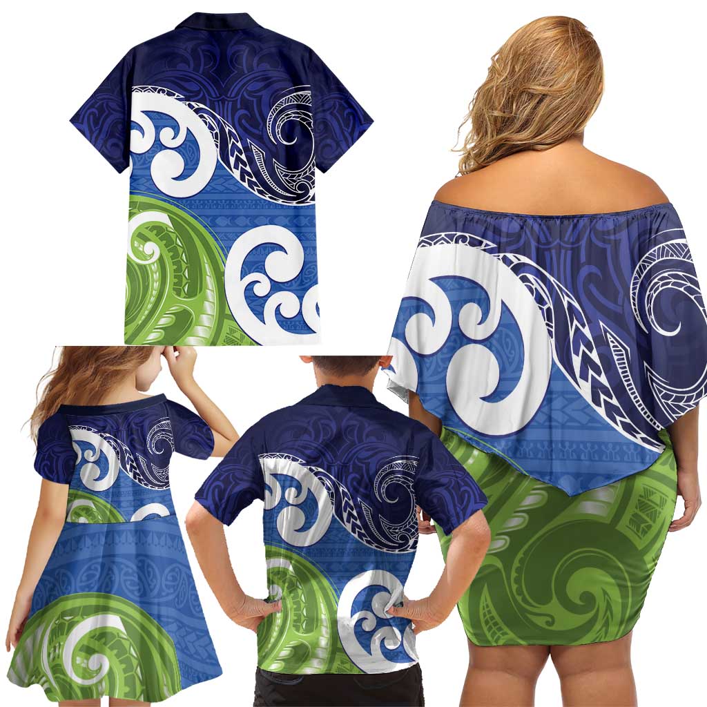 Southland New Zealand Family Matching Off Shoulder Short Dress and Hawaiian Shirt Maori Koru Flag Color