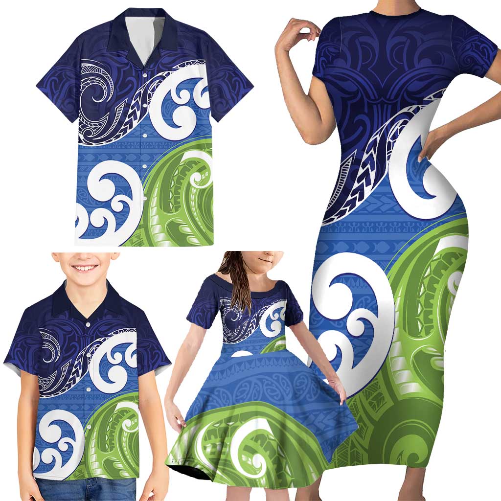 Southland New Zealand Family Matching Short Sleeve Bodycon Dress and Hawaiian Shirt Maori Koru Flag Color