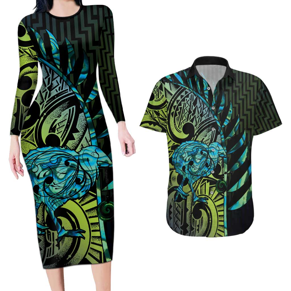 Southland Takehe Pounama Couples Matching Long Sleeve Bodycon Dress and Hawaiian Shirt Aotearoa Poutama Paua Shell Fern