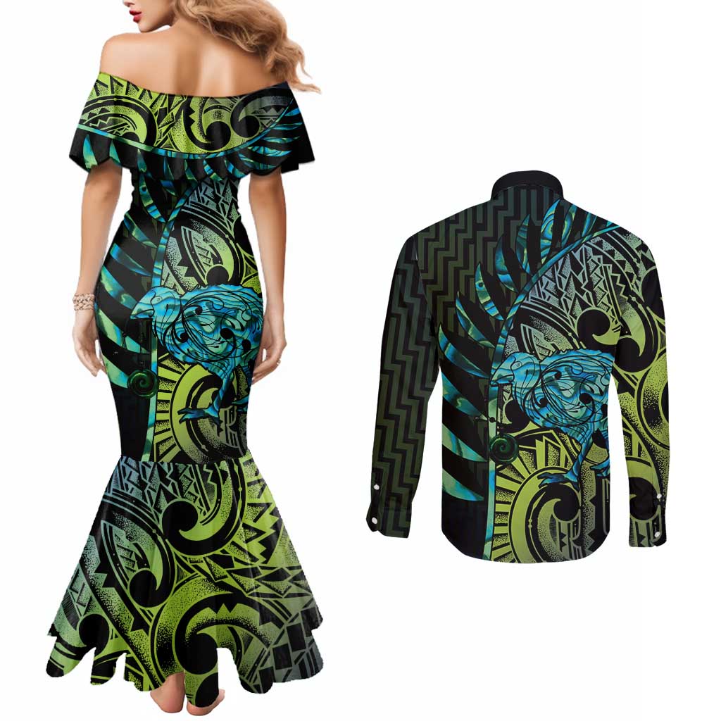 Southland Takehe Pounama Couples Matching Mermaid Dress and Long Sleeve Button Shirt Aotearoa Poutama Paua Shell Fern