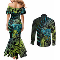 Southland Takehe Pounama Couples Matching Mermaid Dress and Long Sleeve Button Shirt Aotearoa Poutama Paua Shell Fern
