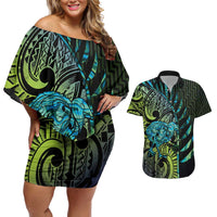 Southland Takehe Pounama Couples Matching Off Shoulder Short Dress and Hawaiian Shirt Aotearoa Poutama Paua Shell Fern