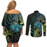 Southland Takehe Pounama Couples Matching Off Shoulder Short Dress and Long Sleeve Button Shirt Aotearoa Poutama Paua Shell Fern
