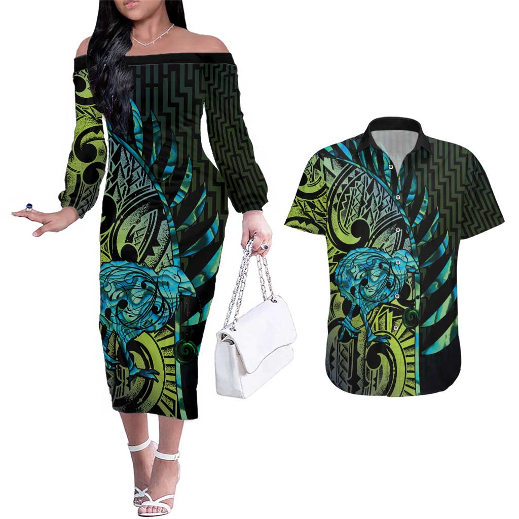 Southland Takehe Pounama Couples Matching Off The Shoulder Long Sleeve Dress and Hawaiian Shirt Aotearoa Poutama Paua Shell Fern