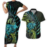 Southland Takehe Pounama Couples Matching Short Sleeve Bodycon Dress and Hawaiian Shirt Aotearoa Poutama Paua Shell Fern