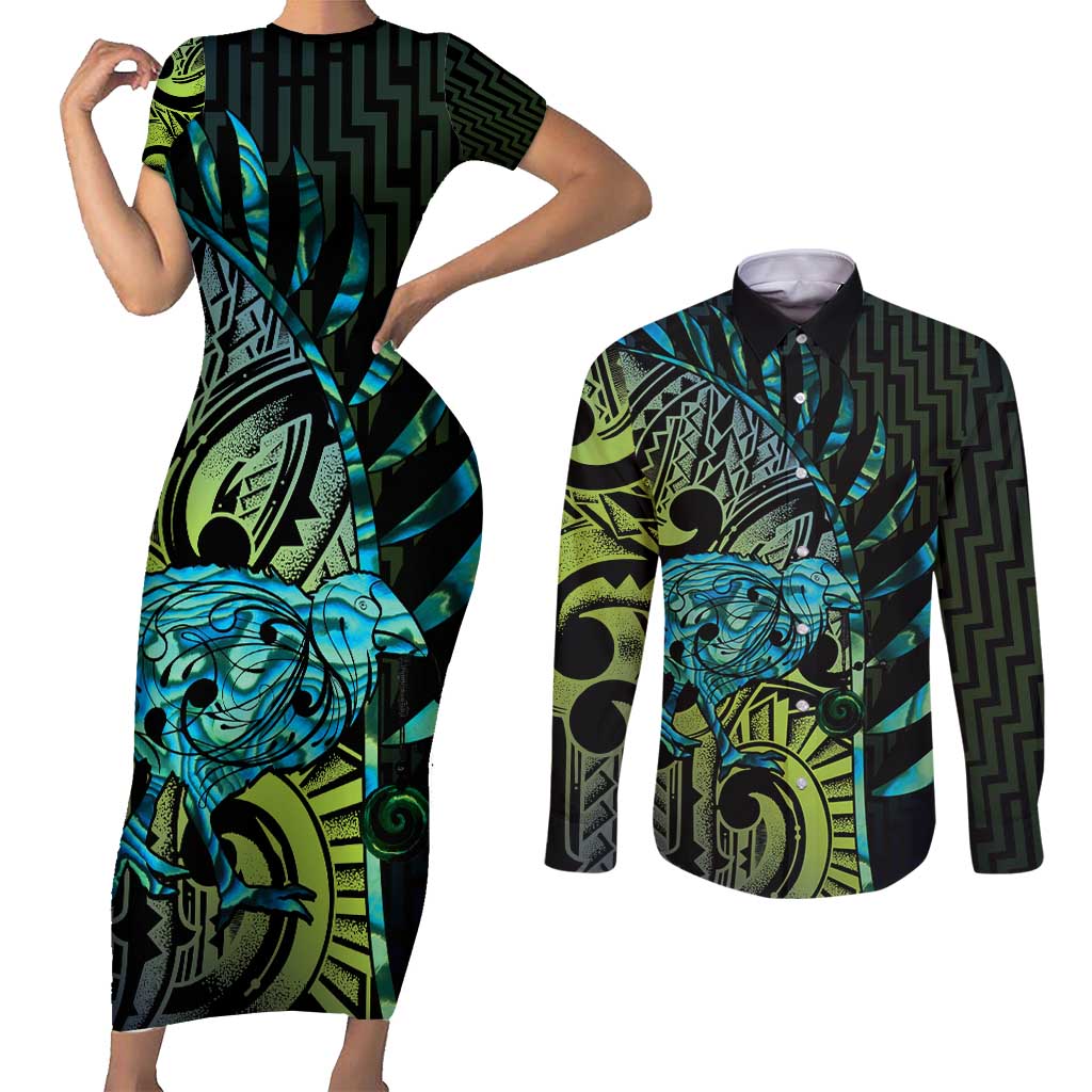 Southland Takehe Pounama Couples Matching Short Sleeve Bodycon Dress and Long Sleeve Button Shirt Aotearoa Poutama Paua Shell Fern