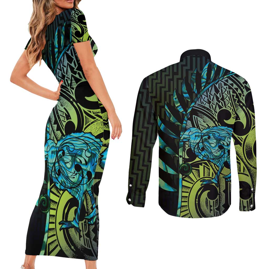 Southland Takehe Pounama Couples Matching Short Sleeve Bodycon Dress and Long Sleeve Button Shirt Aotearoa Poutama Paua Shell Fern
