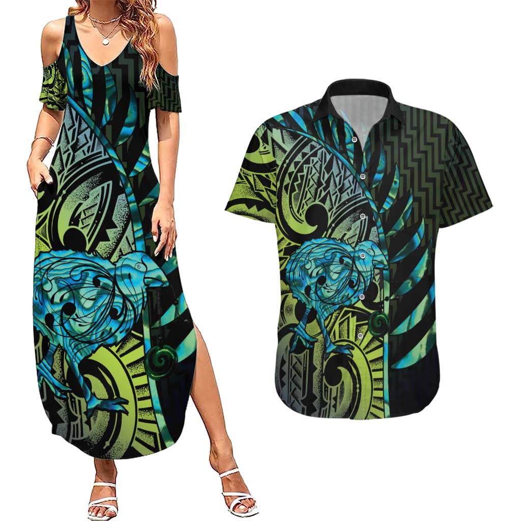 Southland Takehe Pounama Couples Matching Summer Maxi Dress and Hawaiian Shirt Aotearoa Poutama Paua Shell Fern LT14 Black - Polynesian Pride