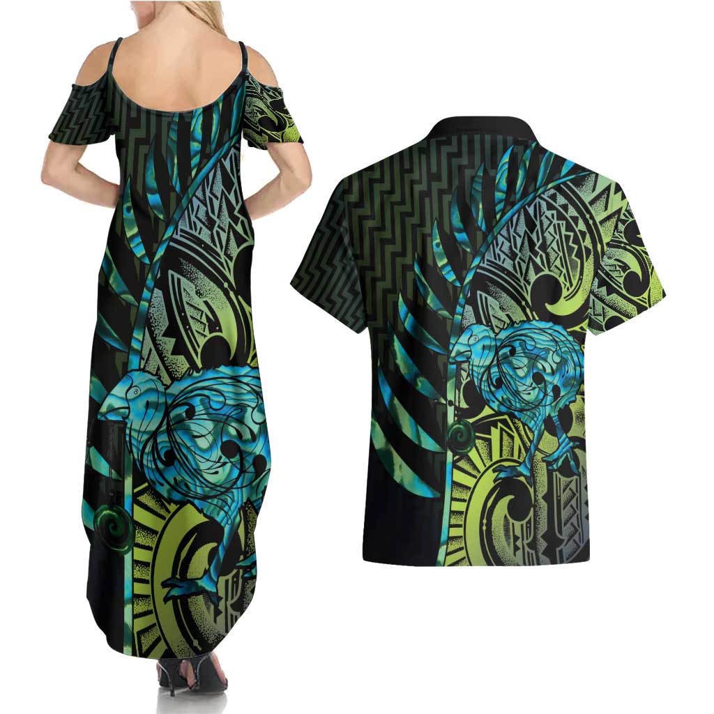 Southland Takehe Pounama Couples Matching Summer Maxi Dress and Hawaiian Shirt Aotearoa Poutama Paua Shell Fern LT14 - Polynesian Pride