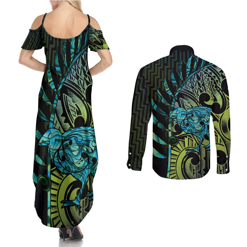 Southland Takehe Pounama Couples Matching Summer Maxi Dress and Long Sleeve Button Shirt Aotearoa Poutama Paua Shell Fern