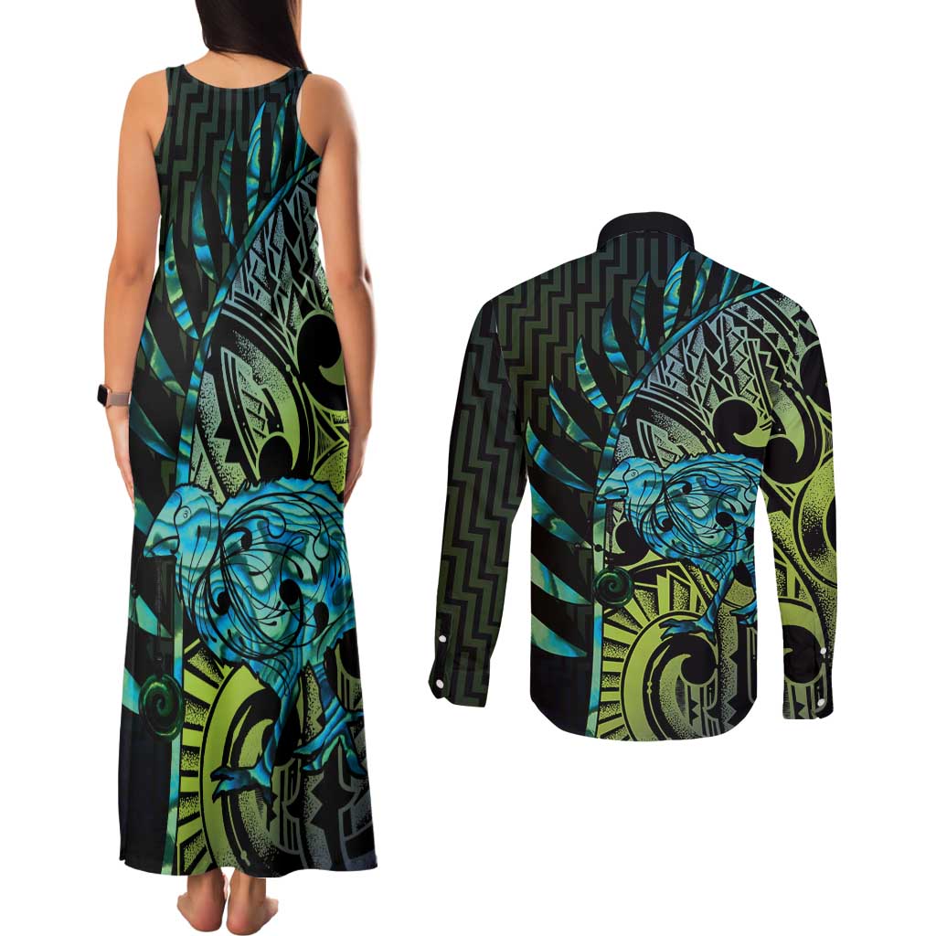 Southland Takehe Pounama Couples Matching Tank Maxi Dress and Long Sleeve Button Shirt Aotearoa Poutama Paua Shell Fern