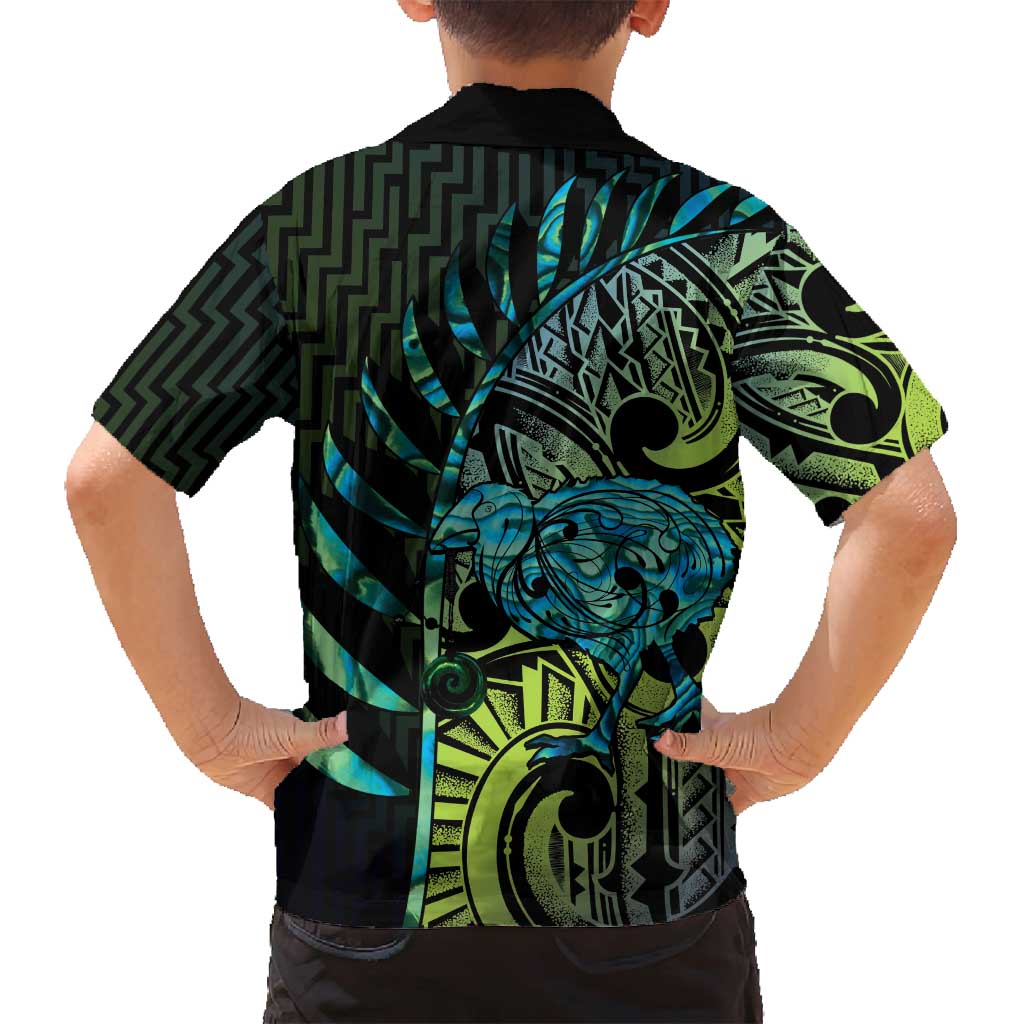 Southland Takehe Pounama Family Matching Long Sleeve Bodycon Dress and Hawaiian Shirt Aotearoa Poutama Paua Shell Fern