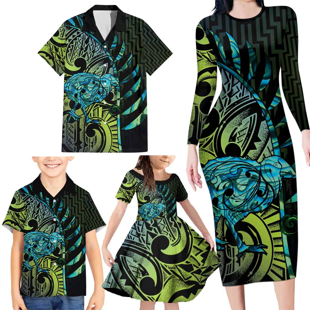 Southland Takehe Pounama Family Matching Long Sleeve Bodycon Dress and Hawaiian Shirt Aotearoa Poutama Paua Shell Fern