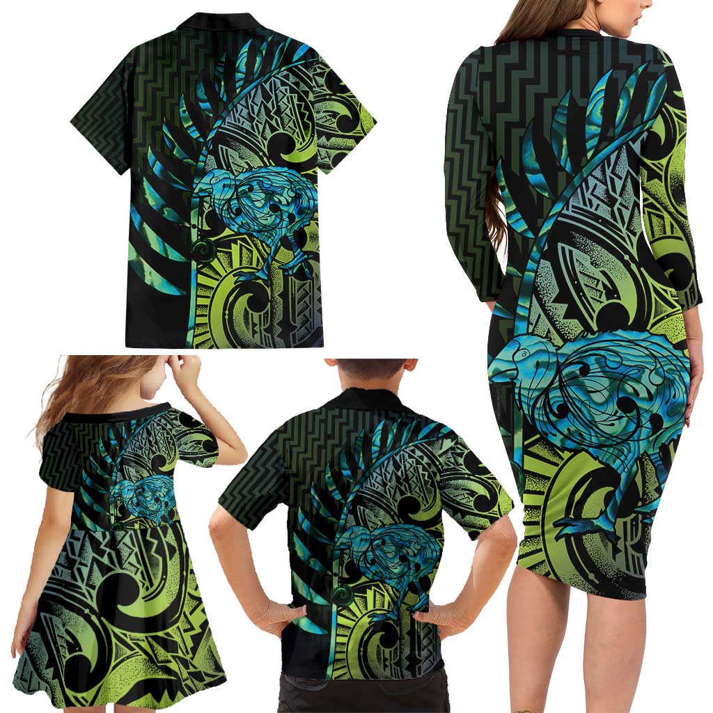 Southland Takehe Pounama Family Matching Long Sleeve Bodycon Dress and Hawaiian Shirt Aotearoa Poutama Paua Shell Fern