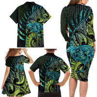 Southland Takehe Pounama Family Matching Long Sleeve Bodycon Dress and Hawaiian Shirt Aotearoa Poutama Paua Shell Fern