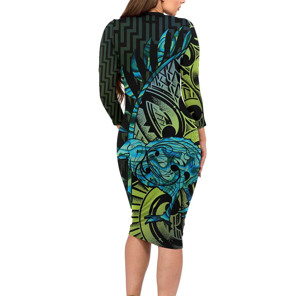 Southland Takehe Pounama Family Matching Long Sleeve Bodycon Dress and Hawaiian Shirt Aotearoa Poutama Paua Shell Fern
