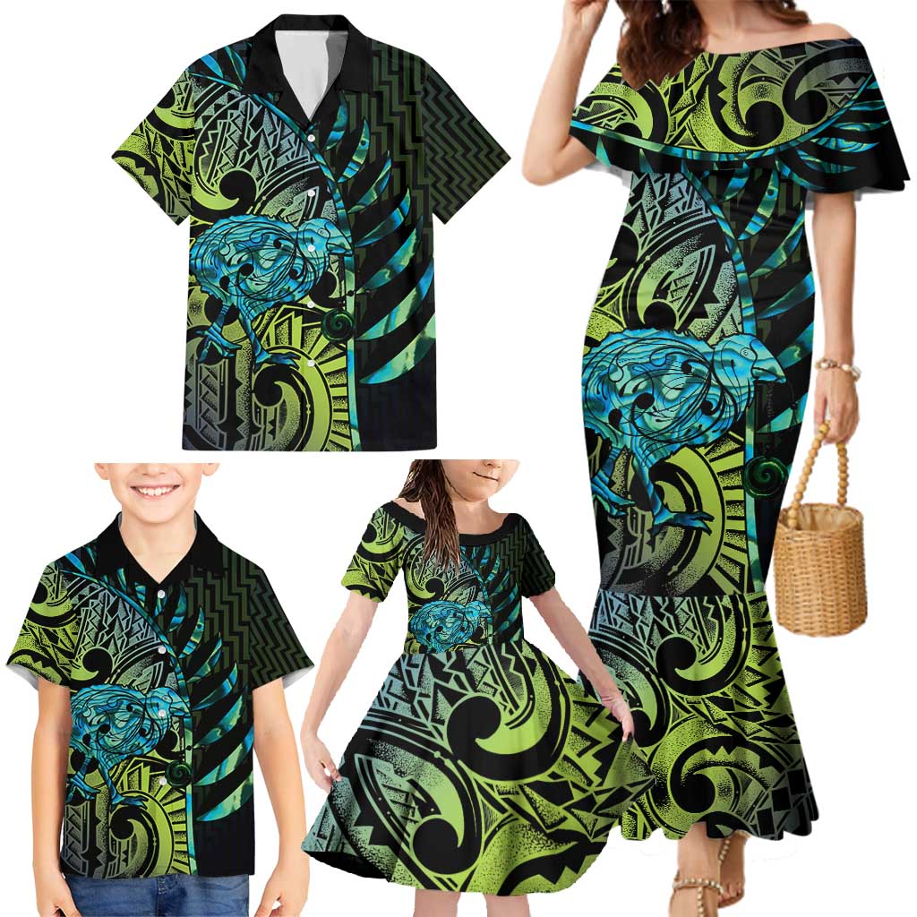 Southland Takehe Pounama Family Matching Mermaid Dress and Hawaiian Shirt Aotearoa Poutama Paua Shell Fern