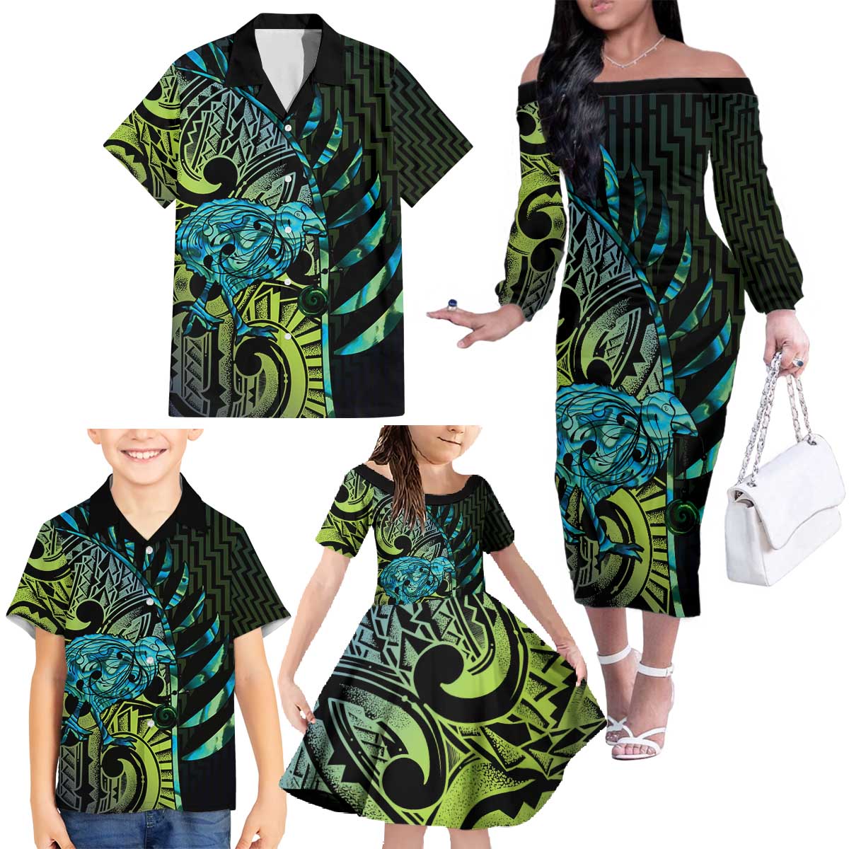 Southland Takehe Pounama Family Matching Off The Shoulder Long Sleeve Dress and Hawaiian Shirt Aotearoa Poutama Paua Shell Fern